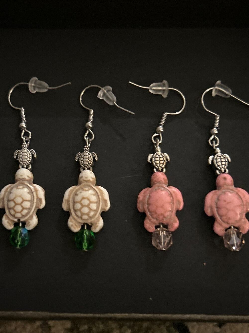 Set of 2 Handmade Sea Turtle Dangle Earrings | Pink & White Coastal Beach Jewelr